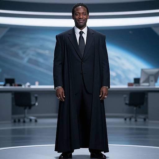 Photograph of a Black man in a long, black pinstripe overcoat and suit, standing confidently on a futuristic, blue-lit stage.