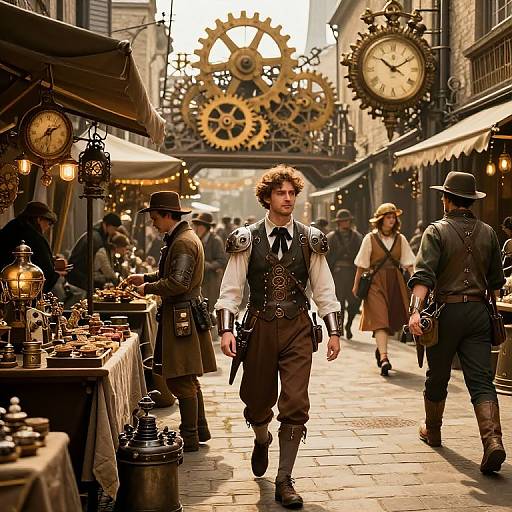 Steampunk market street photograph: curly-haired man in Victorian attire walks past clocked gear arch, vintage stalls, and dressed shoppers. Warm, golden