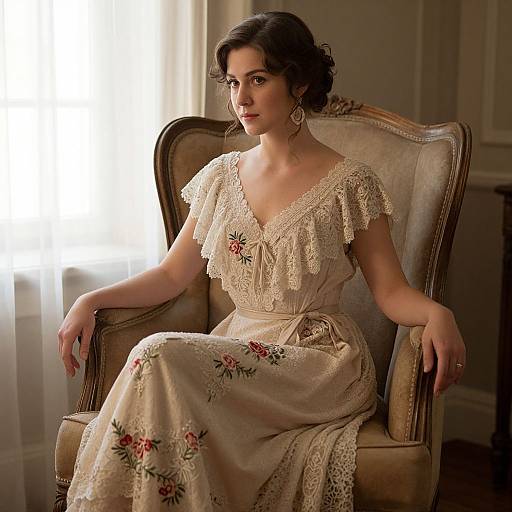 Photograph of a fair-skinned woman with dark hair in an elegant, cream-colored lace dress with floral embroidery, seated in a vintage armchair by