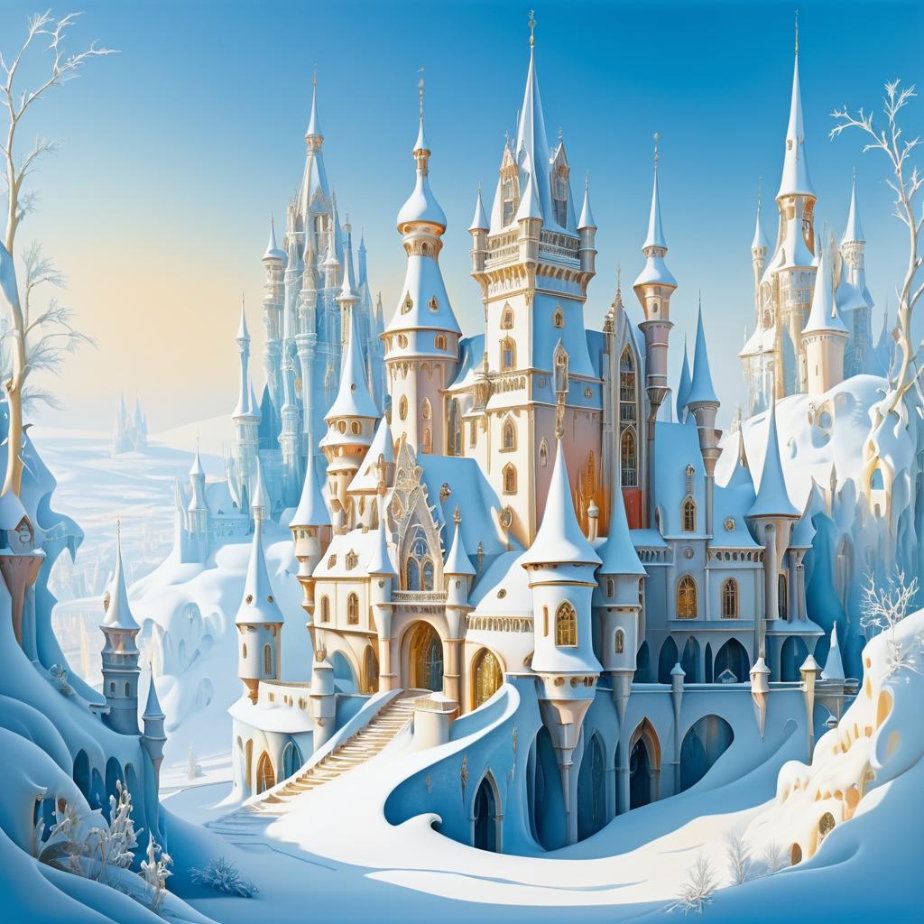 Surreal Chromolithograph of a Snowy Castle