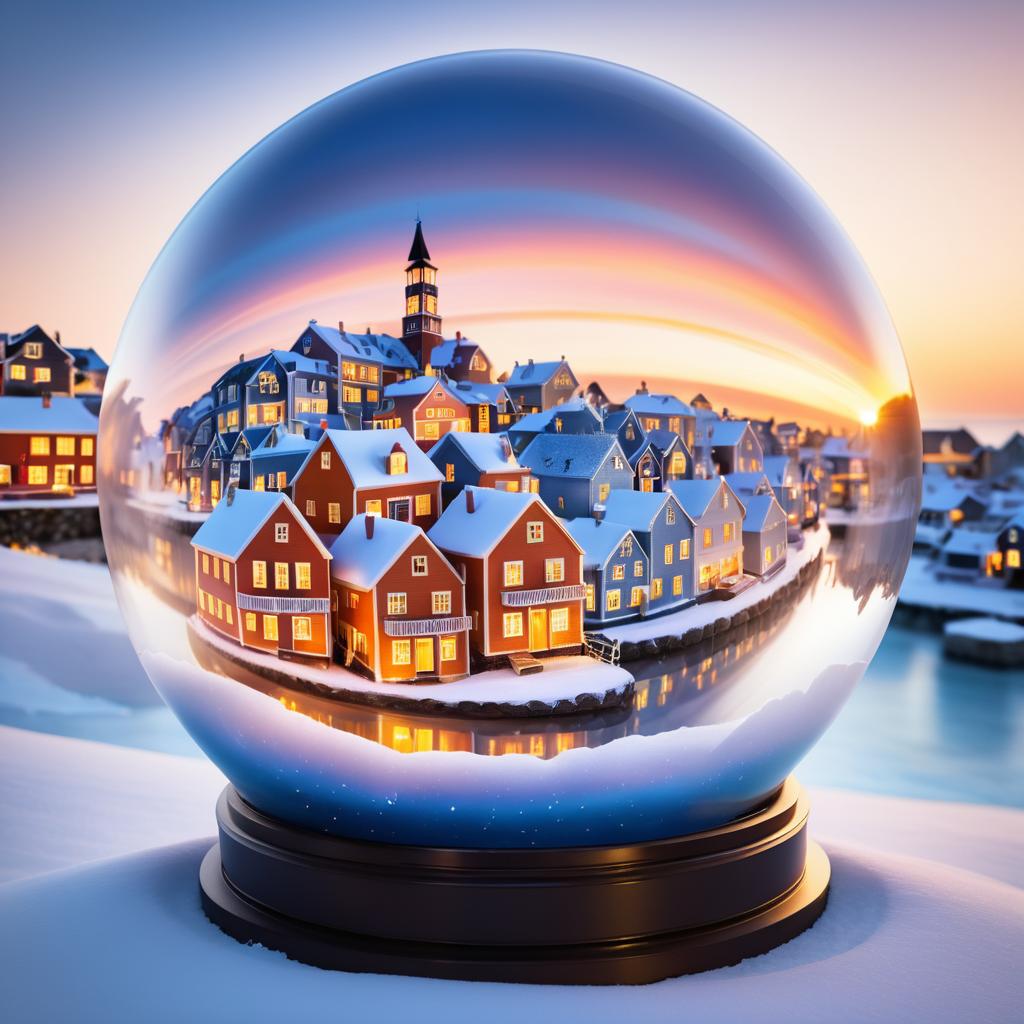 Charming Seaside Village Snow Globe Sunset