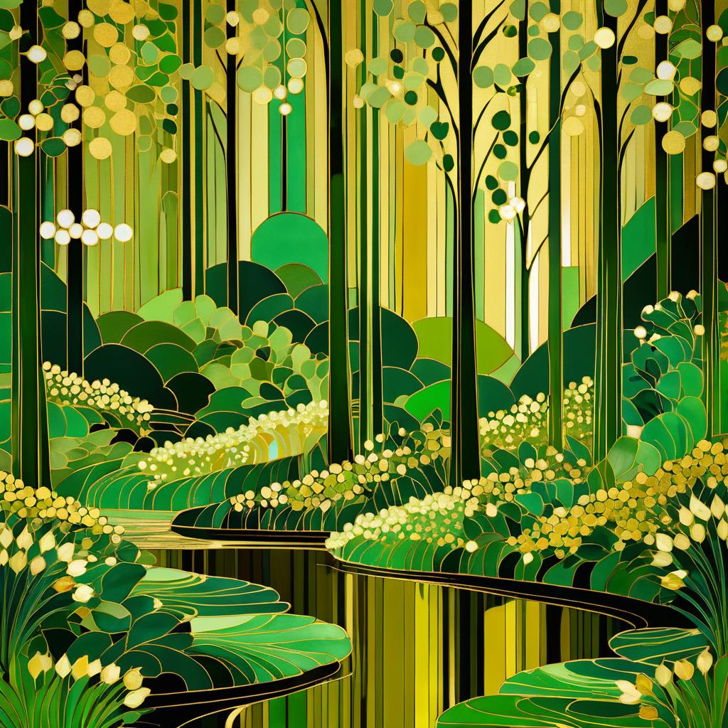 Art Deco Forest with Wildflowers and Streams