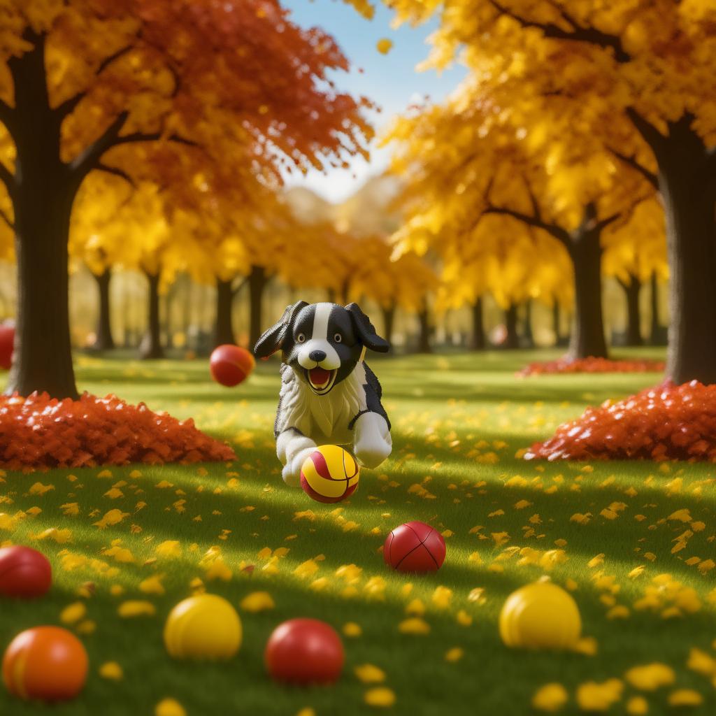 Playful Puppy Chasing Ball in Autumn