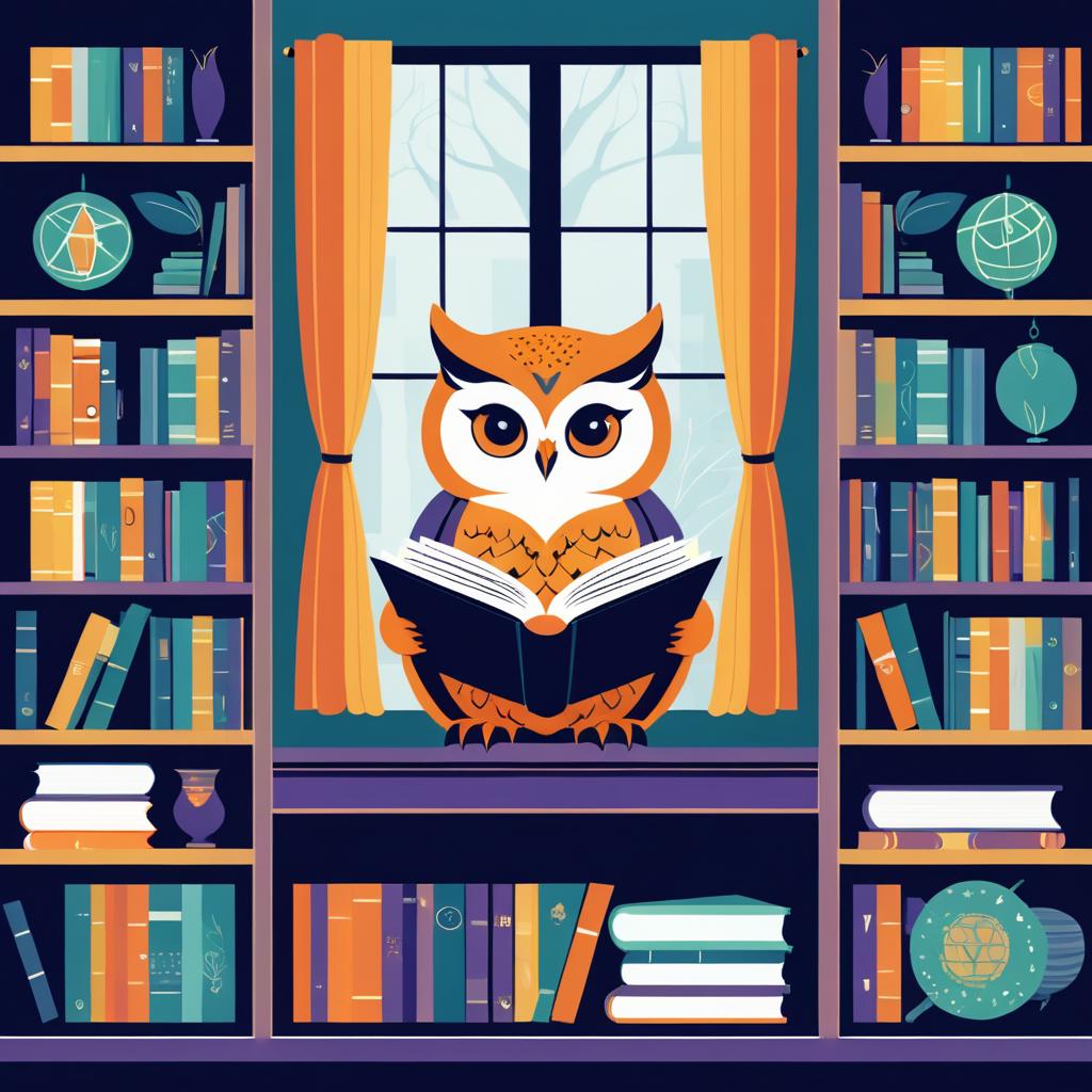 Cozy Owl Reading in a Library