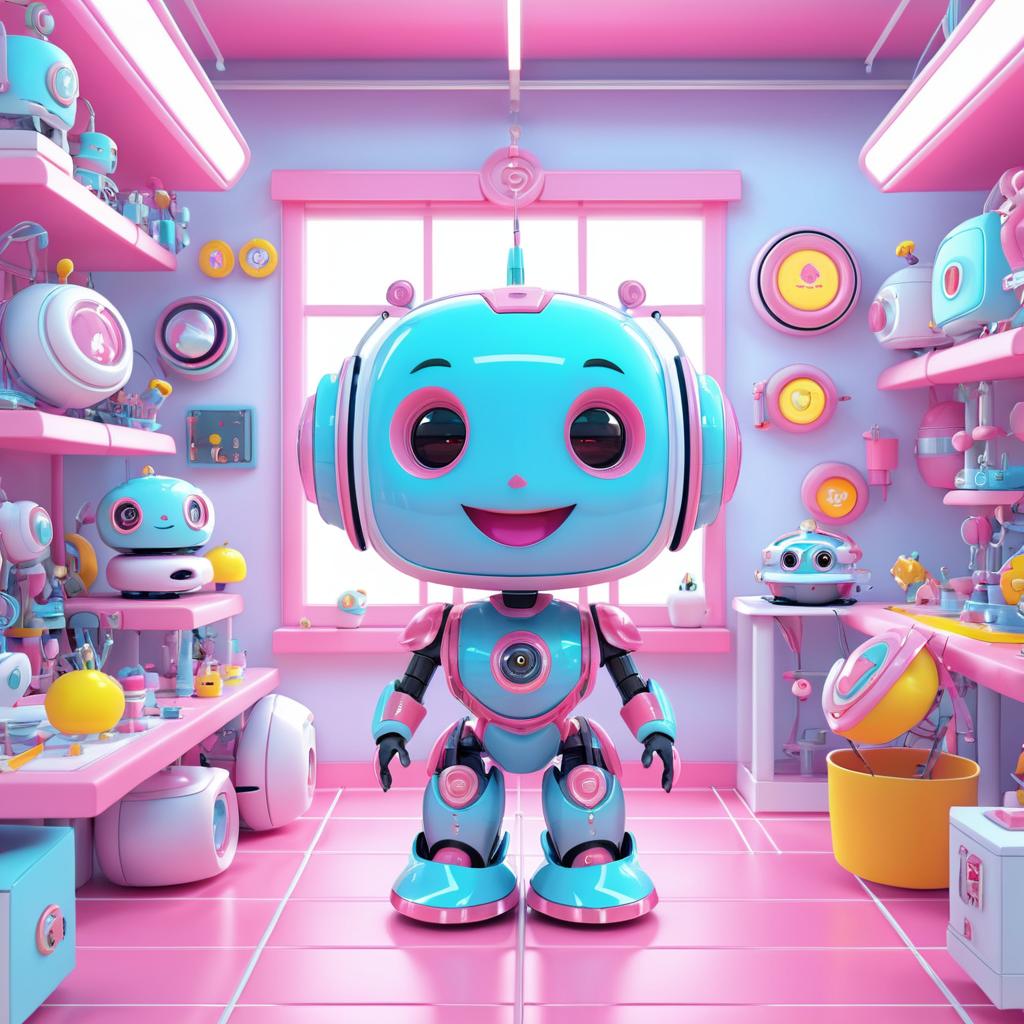 Cheerful Kawaii Robot in Futuristic Workshop