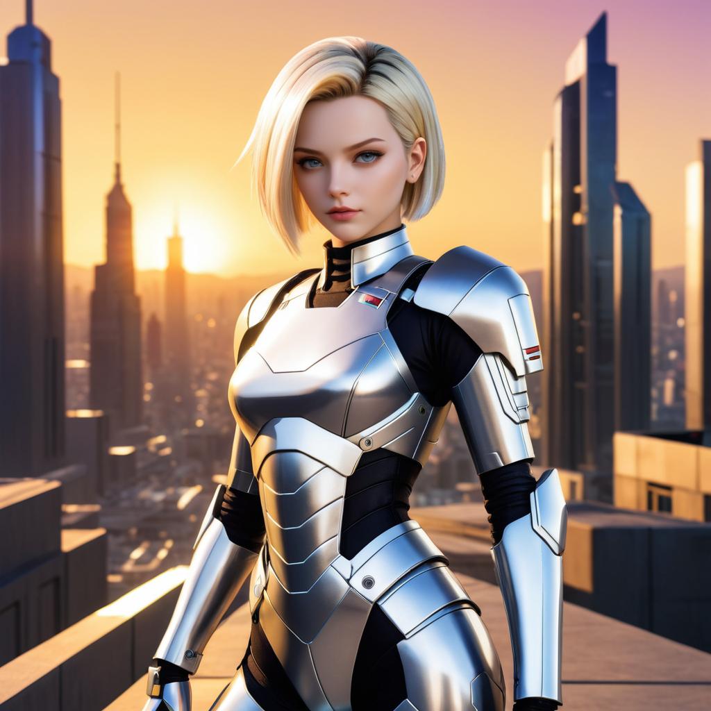 Anime Android 18 in Sci-Fi Metropolis