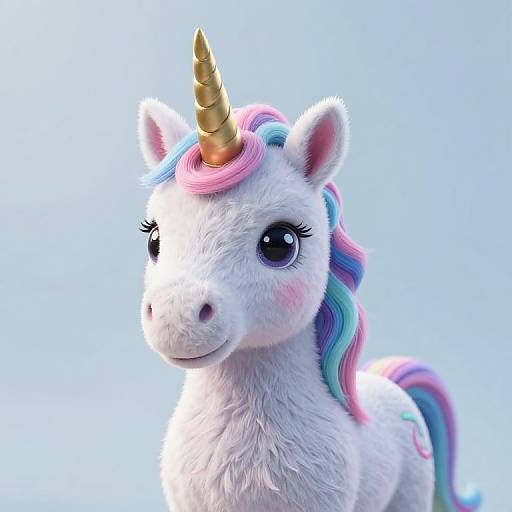 CGI close-up of a fluffy white unicorn with a golden horn, multicolored pink, blue, and green mane, and large, expressive purple