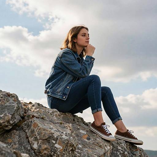 Photograph of a young woman with wavy brown hair, wearing a denim jacket, blue jeans, and brown Converse shoes, sitting on rocky terrain