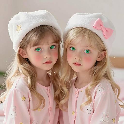 Two Young Girls in Pink Pajamas and White Sleep Hats