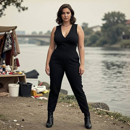 Photograph of a confident woman with dark wavy hair, wearing a black sleeveless V-neck jumpsuit and black boots, standing by a river with