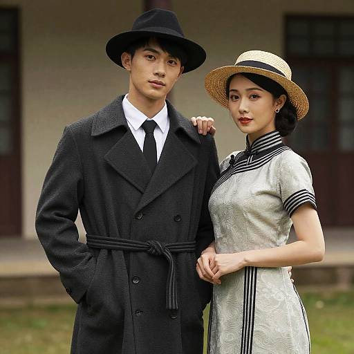 Photograph of East Asian couple in 1930s-style attire: he wears black coat and hat, she in white dress with black trim and straw