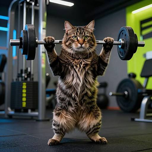 Photograph of a fluffy, striped tabby cat standing on its hind legs in a gym, holding a heavy barbell over its head with determined green