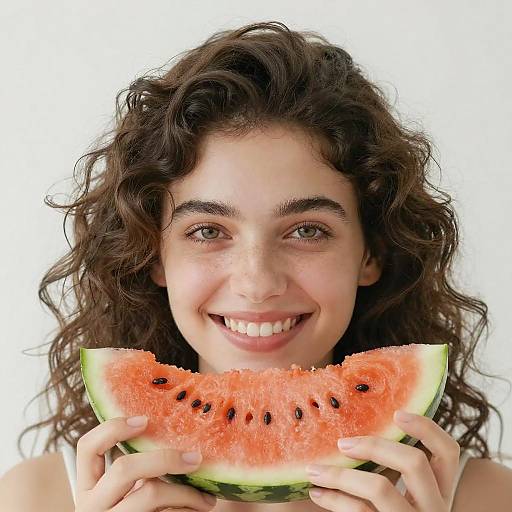 Smiling Woman with Orange Watermelon Slices
