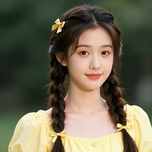 Asian Girl in Yellow Dress with Braids