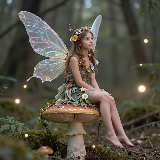 Photograph of a young fairy girl with iridescent wings, flower crown, and green dress, sitting on a glowing mushroom in a mystical forest,