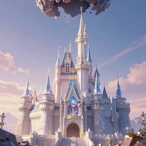 Photograph of a grand, blue-tinted, fairy-tale castle with multiple spires under a bright, clear sky, as a large,