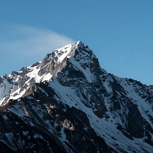 Photograph of a snow-capped mountain peak under a clear blue sky, with dark rocky slopes and sharp, jagged edges.