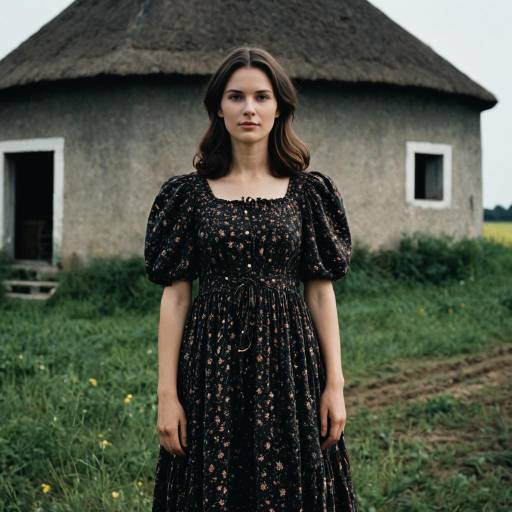 Woman in Modest Dark Floral Dress in Rural Setting