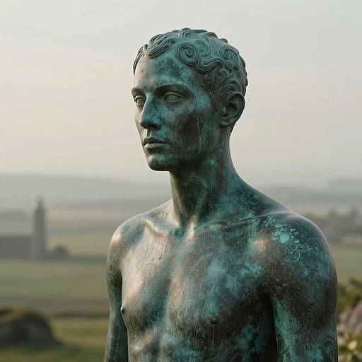 Photograph of a weathered, greenish bronze statue of a muscular, androgynous, wavy-haired figure with a serene expression, set