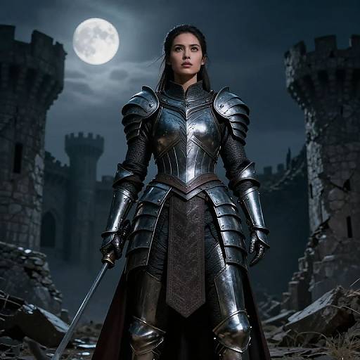 Photorealistic digital artwork of a strong, fair-skinned woman in silver medieval armor with a sword, standing under a full moon in a ruined,
