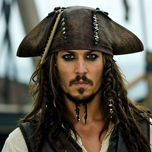 Photograph of Johnny Depp as Captain Jack Sparrow, wearing a dark, weathered pirate hat, with long brown hair, mustache, and