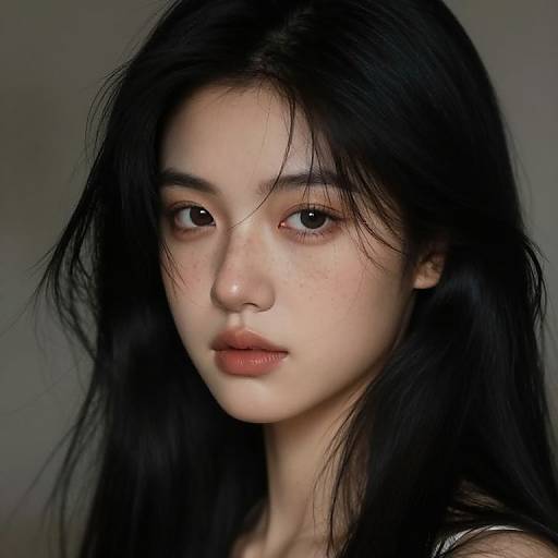Photograph of an East Asian woman with long, straight black hair, fair skin, and subtle freckles. She has neutral brown eyes, full