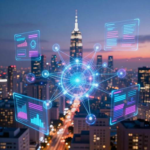 Digital network diagram superimposed on a twilight cityscape with the Empire State Building, featuring glowing neon-blue interface elements and graphs.