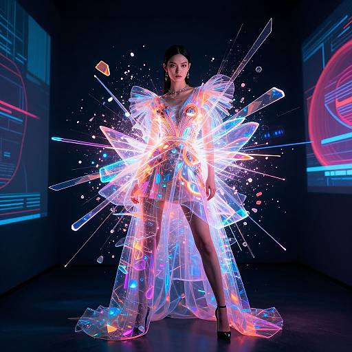 Photograph of a woman in a neon, cyberpunk-inspired, transparent dress with glowing, geometric patterns, standing in a dark, futuristic room.