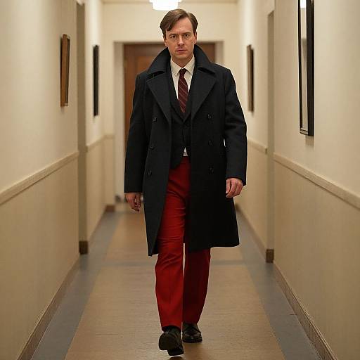 Photograph of a serious-looking man in a black overcoat, red pants, white shirt, and maroon tie, walking down a dimly lit