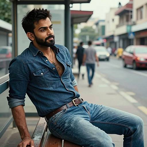 Photograph of a bearded man with dark hair, wearing a blue denim shirt and jeans, sitting on a bus stop bench, urban street background,