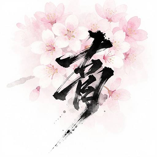 Digital artwork featuring bold, black Japanese brushstroke in the center, surrounded by soft pink cherry blossom watercolor splashes on a white background.