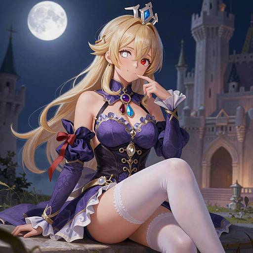 Anime-style digital artwork of a blonde woman with red eyes, wearing a purple and white fantasy dress, thigh-high stockings, and a crown, sitting under