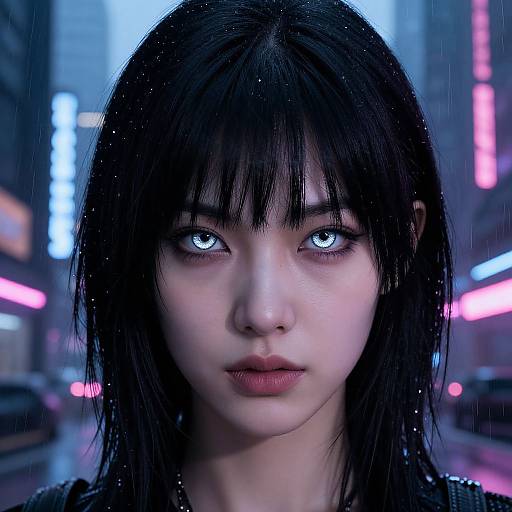 Digital portrait of an Asian woman with striking blue eyes, wet black hair, and serious expression, standing in a neon-lit, rainy city street.