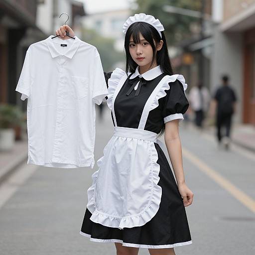 Photograph of an Asian woman with black hair in a French maid outfit, holding a white shirt, standing on a blurred street.