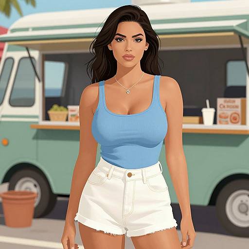 Digital illustration of a curvy woman with long black hair, wearing a blue tank top and white high-waisted shorts, standing in front of a