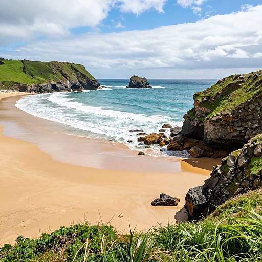 Photograph of a vibrant coastal landscape: golden sandy beach, turquoise ocean, rocky cliffs, lush green hills, and a cloudy blue sky.