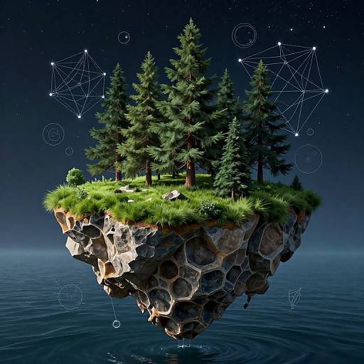 Floating island with green grass, tall pine trees, rocky base, starry night sky, geometric star patterns, and circular designs. Digital art.