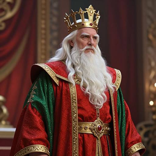Photograph of an elderly white king with a long white beard, wearing a gold crown, red and green embroidered robes, standing in an ornate,