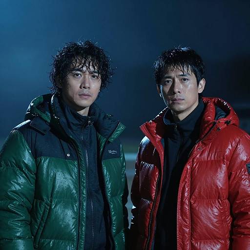 Two Men in Blue Light at Night