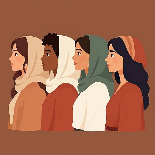 Digital illustration of five women in profile, wearing various headscarves, in red and white robes, against a brown background.