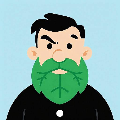 Cartoon-style digital drawing of a serious man with black hair, green beard, black outfit, and white button, against blue background.