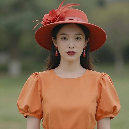 Woman in Orange Dress and Red-Orange Hat