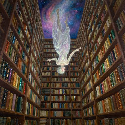 Digital art: Ethereal, translucent woman with glowing white skin and flowing hair, floats upside-down between towering bookshelves filled with colorful books, under