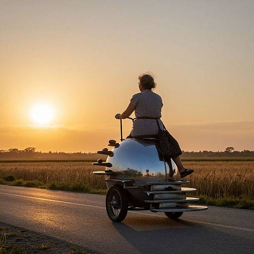 Photograph of a woman with curly hair riding a retro-style three-wheeled scooter at sunset, over a golden field, on a quiet road.