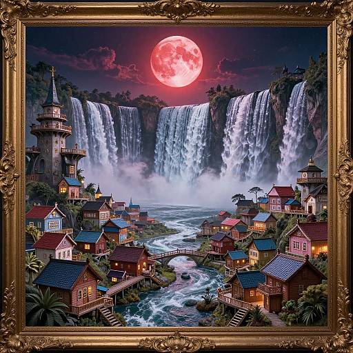 Fanciful digital painting: illuminated village with colorful houses, twin waterfalls, and a glowing red moon in an ornate golden frame.