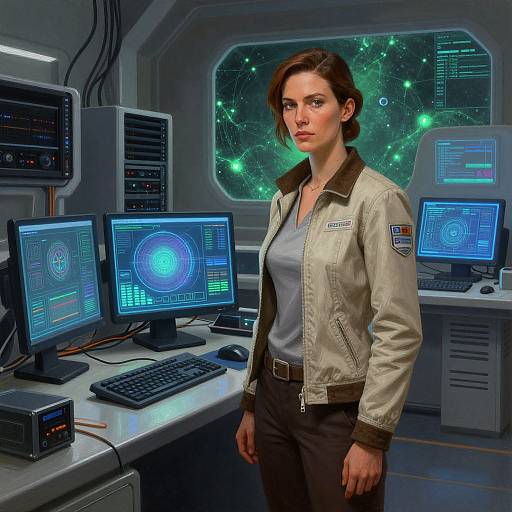 Digital artwork of a serious, short-haired woman in a beige jacket, standing in a futuristic control room with blue-lit screens and a starry window