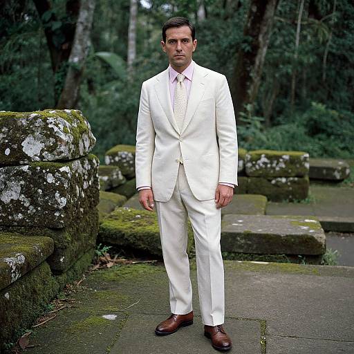 Photograph of a serious-looking man in a white suit, pink shirt, brown shoes, standing in a mossy, forested stone path.