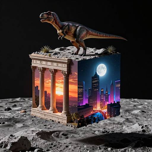 Photorealistic CGI: Dinosaur atop ancient temple with sunset skyline, cityscape with moonlit skyline, and glowing skyscrapers on desolate lunar
