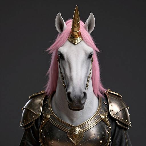 Photograph of a white unicorn with a pink mane wearing medieval-style gold armor, including a horned helmet, against a dark background.