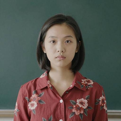 Asian Girl in Floral Shirt by Chalkboard